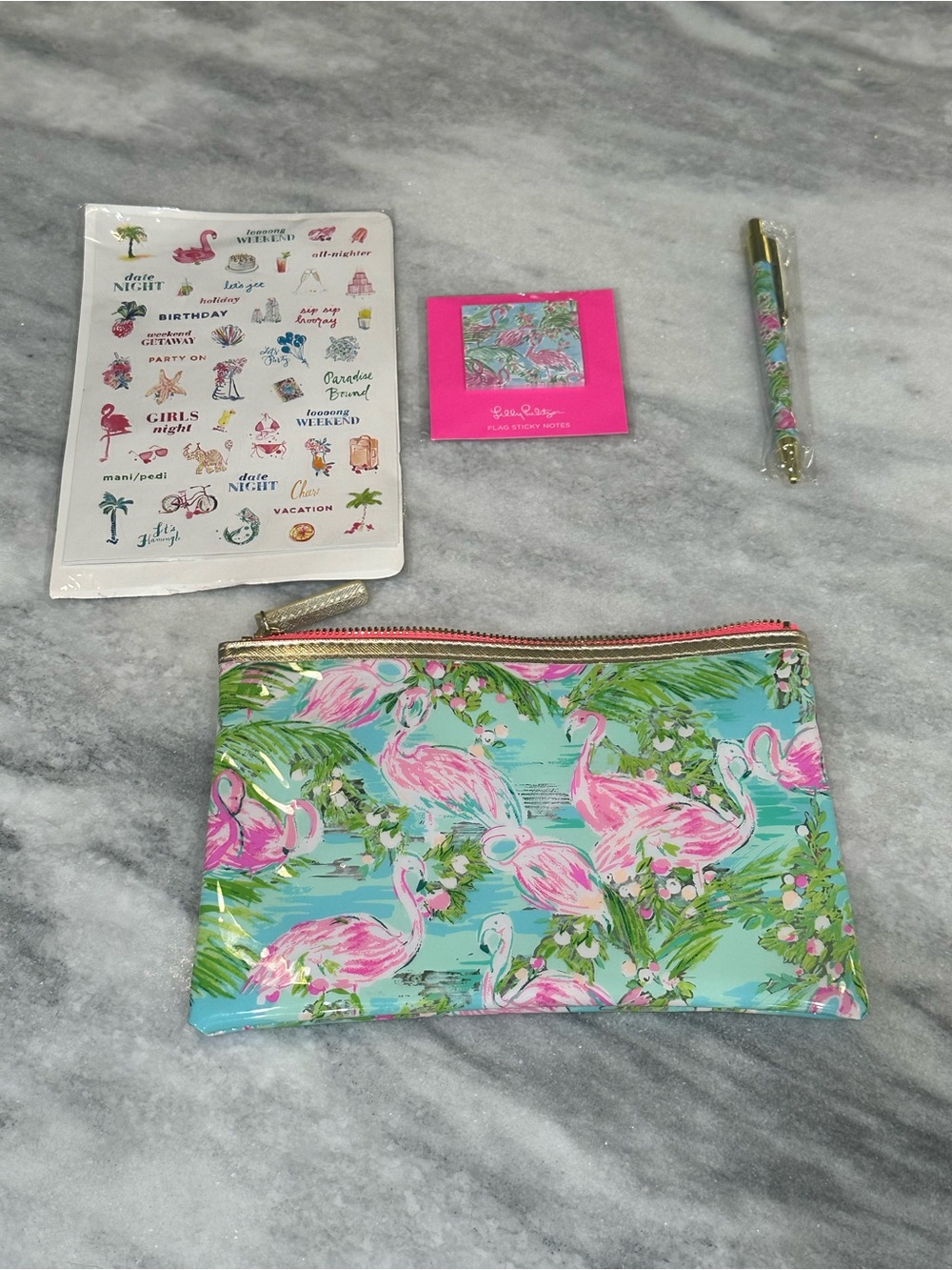 Lilly Pulitzer Turquoise & Pink Flamingo Cosmetic Pouch with Accessories